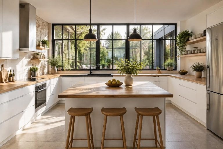 Cuisine en U moderne avec meubles blancs, plan de travail en bois et îlot central baigné de lumière naturelle.