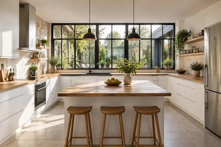 Cuisine en U moderne avec meubles blancs, plan de travail en bois et îlot central baigné de lumière naturelle.
