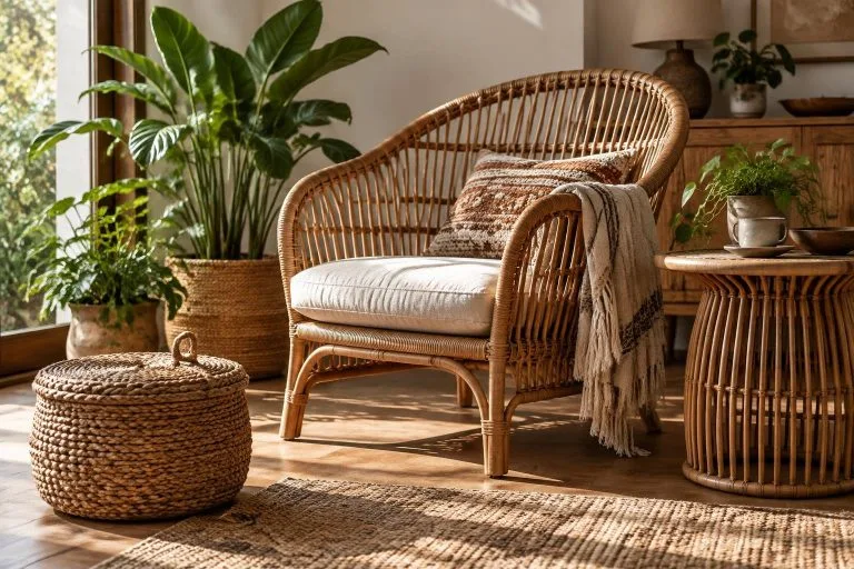 Intérieur bohème lumineux avec un fauteuil en rotin et un panier en osier sur un parquet en bois.