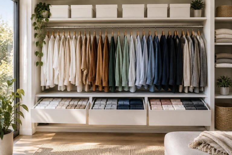 Intérieur d'armoire ouverte parfaitement rangée avec vêtements suspendus par couleur, boîtes de rangement sur les étagères et tiroirs organisés.