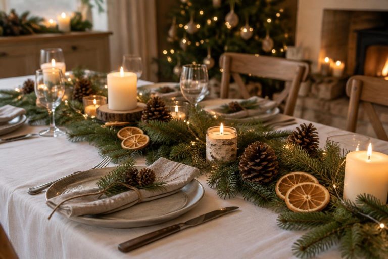 Centre de table de Noël rustique et chaleureux avec branches de sapin, pommes de pin, oranges séchées et bougies sur nappe blanche.