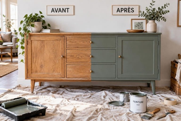 Commode en bois en cours de relooking avec une division visuelle montrant l'état brut et la finition peinte, entourée de matériel de bricolage.