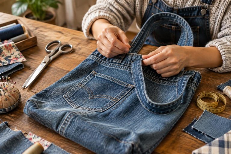 Mains transformant un vieux jean en sac sur un plan de travail en bois avec ciseaux et chutes de tissus.